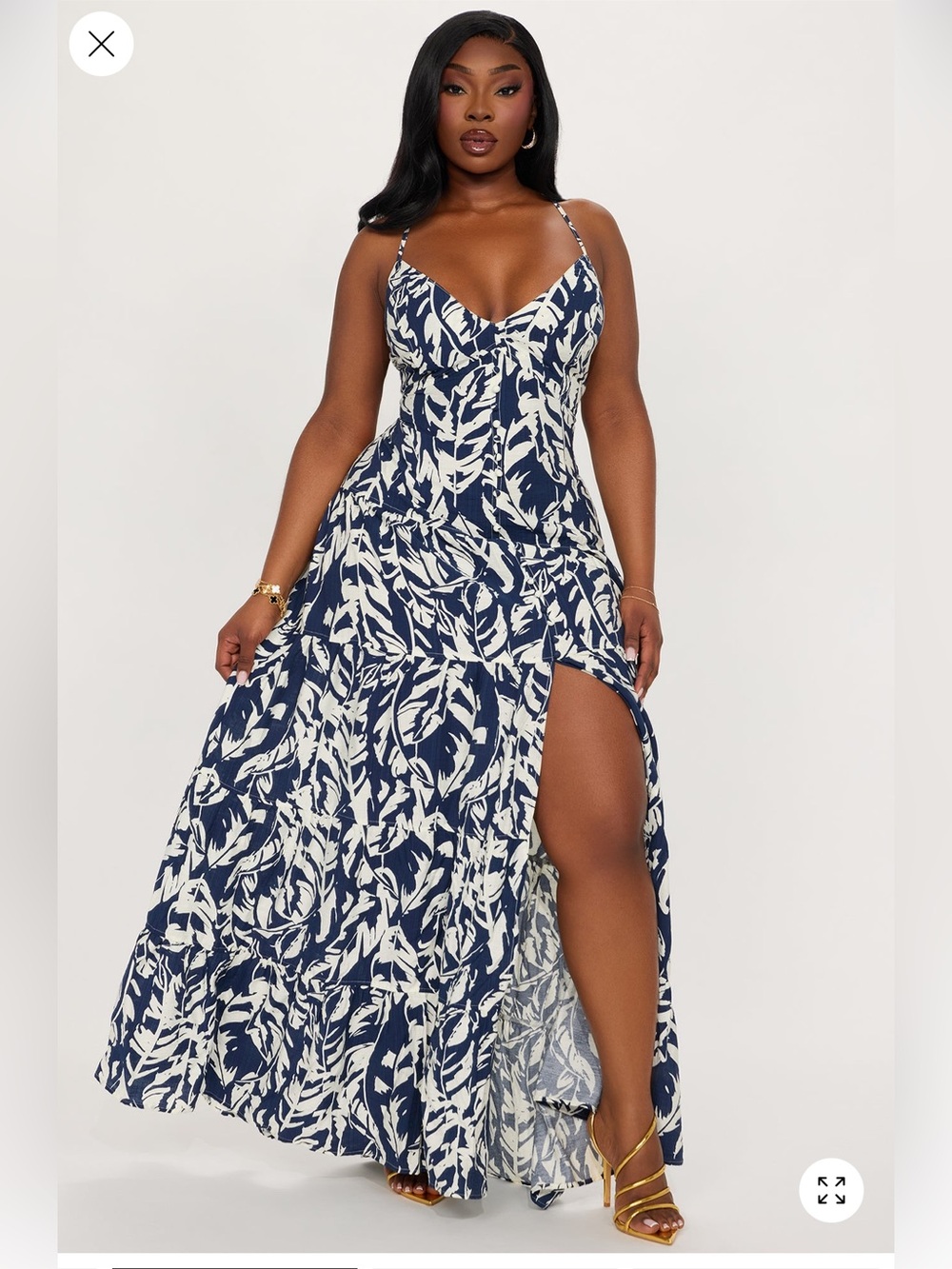 Fashion Nova Women’s Medium Navy & White Tropical-Print Linen Maxi Dress Trendy